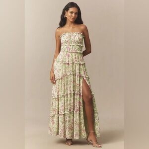 BHLDN Strapless Floral Tiered Maxi Dress in Light Green and Pink